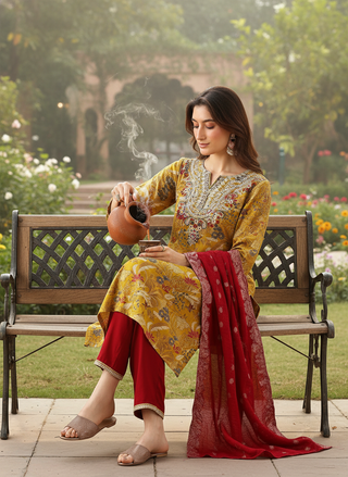 Alfina Yellow Floral Printed Kurta Set with Aari-Style Floral Thread Embroidered Neckline in Viscose