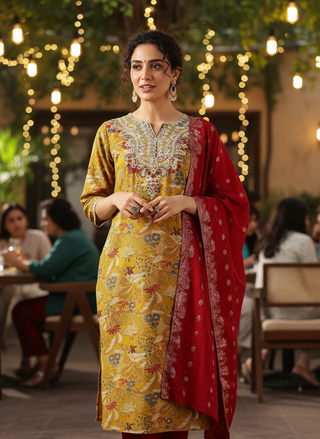Alfina Yellow Floral Printed Kurta Set with Aari-Style Floral Thread Embroidered Neckline in Viscose