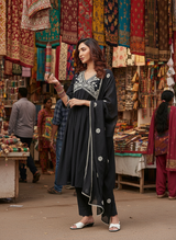 Pure Cotton  Linen Akanksha Black Kurta Set with Dupatta featuring Chikankari Embroidery and Buti Detailed Dupatta with Cotton Mul Lining
