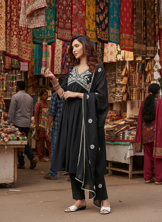 Akanksha Black Cotton Kurta Set with Dupatta