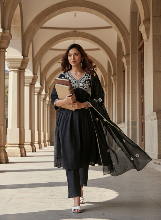 Pure Cotton  Linen Akanksha Black Kurta Set with Dupatta featuring Chikankari Embroidery and Buti Detailed Dupatta with Cotton Mul Lining