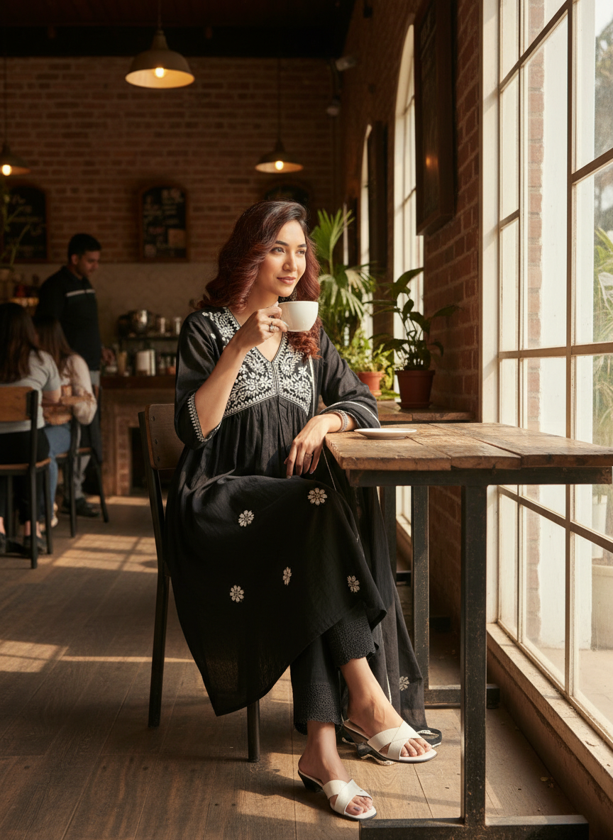 Pure Cotton  Linen Akanksha Black Kurta Set with Dupatta featuring Chikankari Embroidery and Buti Detailed Dupatta with Cotton Mul Lining