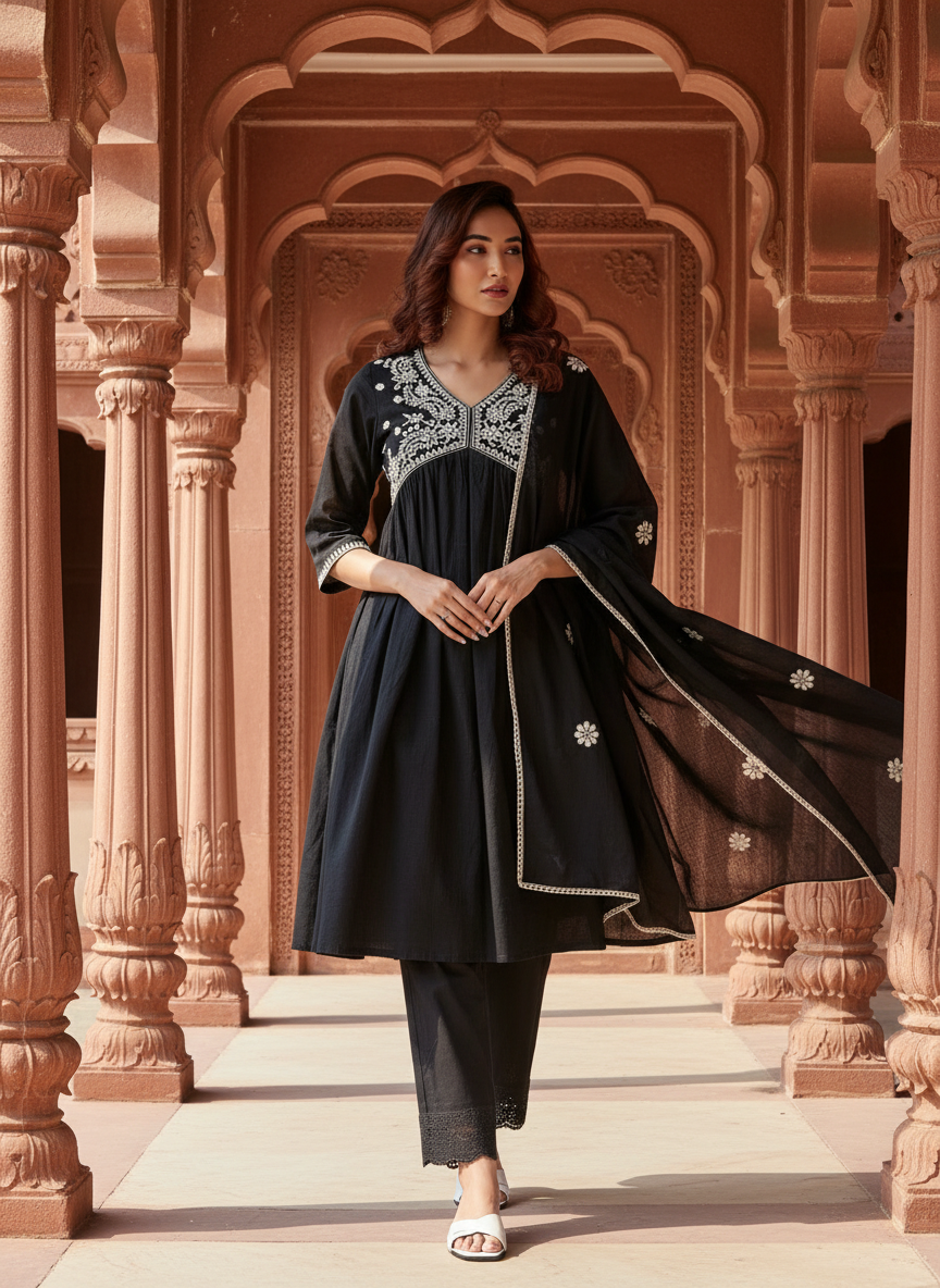 Pure Cotton  Linen Akanksha Black Kurta Set with Dupatta featuring Chikankari Embroidery and Buti Detailed Dupatta with Cotton Mul Lining