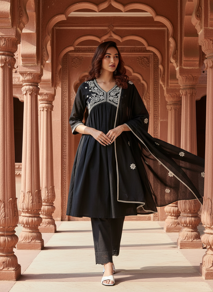 Pure Cotton  Linen Akanksha Black Kurta Set with Dupatta featuring Chikankari Embroidery and Buti Detailed Dupatta with Cotton Mul Lining