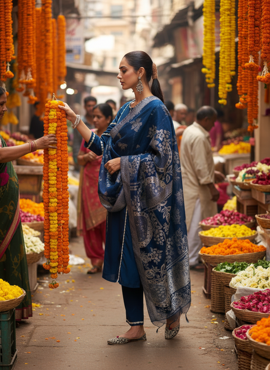 Almina Navy Scalloped Lace Embellished Kurta Set with Sequin Detailing and Jacquard Dupatta in Chanderi Silk with Cotton Mul Lining