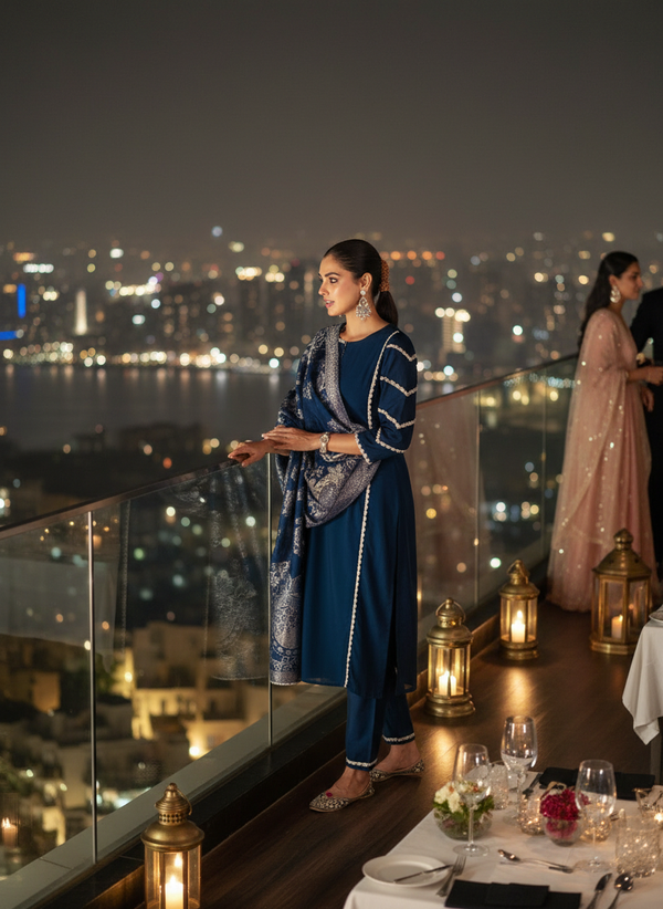 Almina Navy Scalloped Lace Embellished Kurta Set with Sequin Detailing and Jacquard Dupatta in Chanderi Silk with Cotton Mul Lining