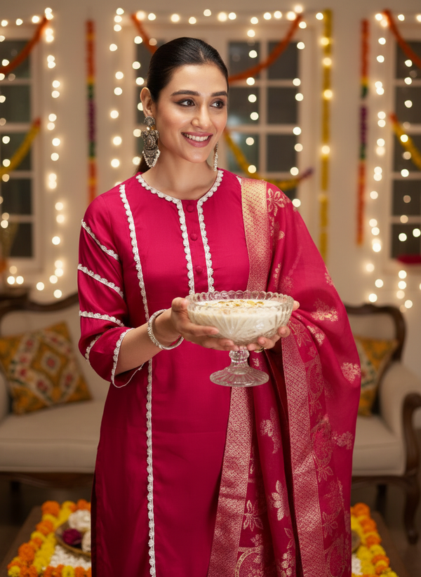 Almina Red Scalloped Lace Embellished Kurta Set with Sequin Detailing and Jacquard Dupatta in Chanderi Silk with Cotton Mul Lining