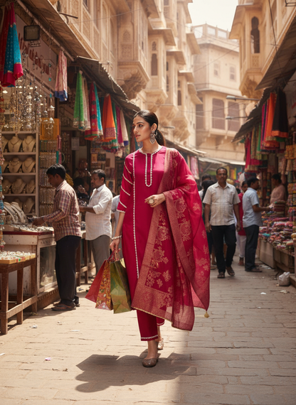 Almina Red Scalloped Lace Embellished Kurta Set with Sequin Detailing and Jacquard Dupatta in Chanderi Silk with Cotton Mul Lining