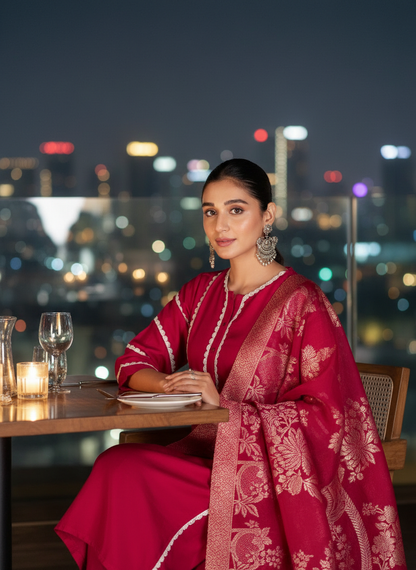 Almina Red Scalloped Lace Embellished Kurta Set with Sequin Detailing and Jacquard Dupatta in Chanderi Silk with Cotton Mul Lining
