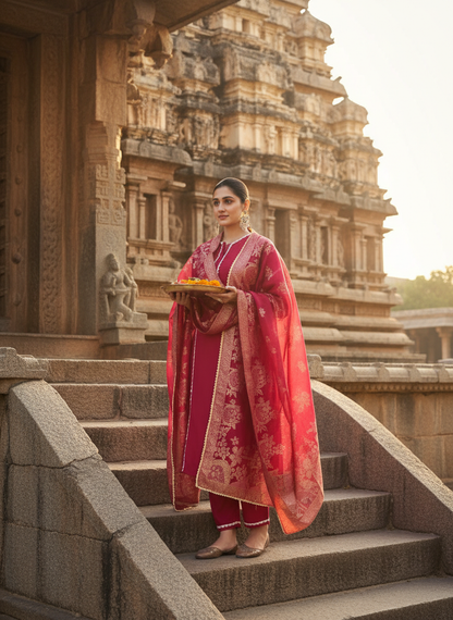 Almina Red Scalloped Lace Embellished Kurta Set with Sequin Detailing and Jacquard Dupatta in Chanderi Silk with Cotton Mul Lining