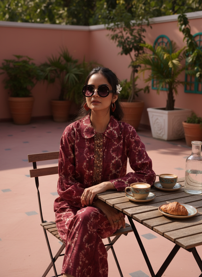 Aneri Maroon Modal Chanderi Co-Ord Set with Handcrafted Pearl, Dabka and Threadwork Neck Placket