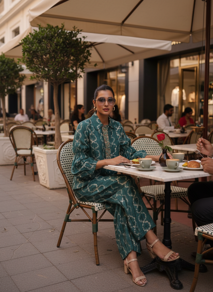 Aneri Teal Modal Chanderi Co-Ord Set with Handcrafted Pearl, Dabka and Threadwork Neck Placket