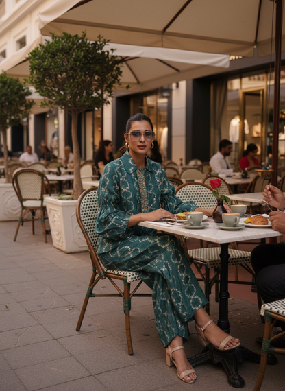Aneri Teal Modal Chanderi Co-Ord Set with Handcrafted Pearl, Dabka and Threadwork Neck Placket
