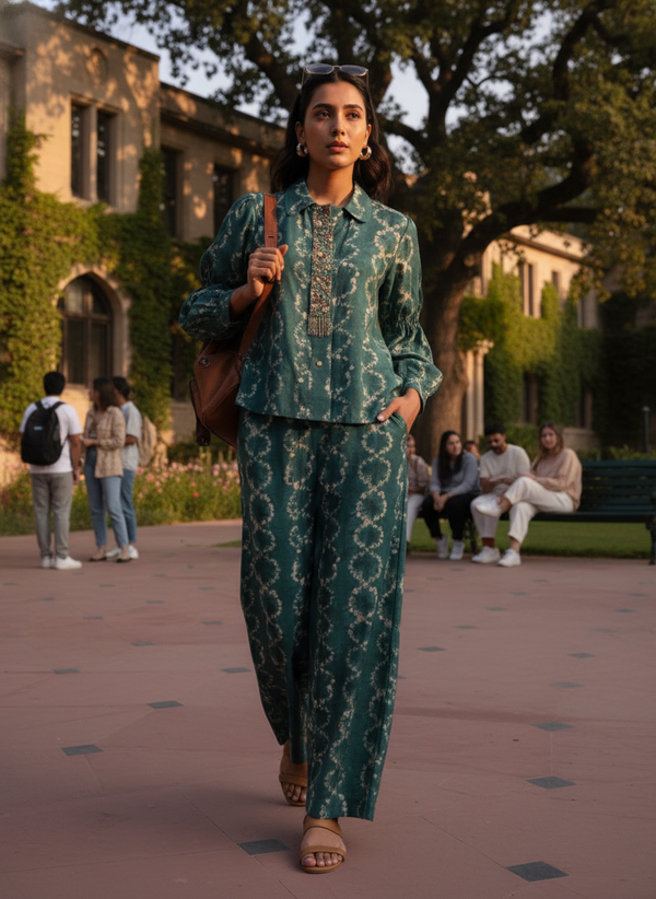 Aneri Teal Modal Chanderi Co-Ord Set with Handcrafted Pearl, Dabka and Threadwork Neck Placket