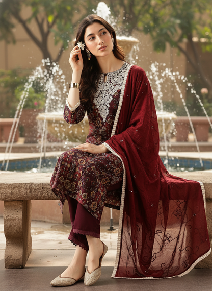 Anjali Wine Printed Kurta Set with Dupatta featuring Handcrafted Aari & Resham Thread Embroidered Neckline in Viscose