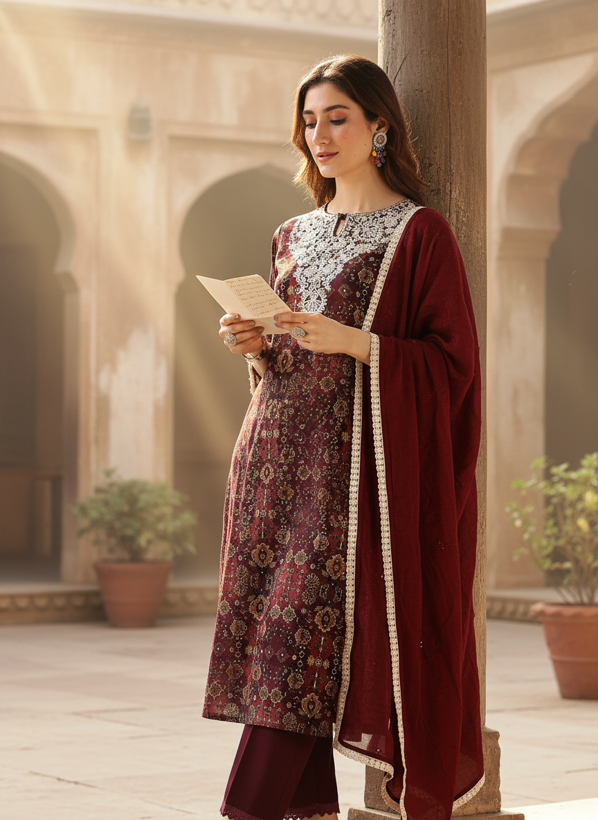 Anjali Wine Printed Kurta Set with Dupatta featuring Handcrafted Aari & Resham Thread Embroidered Neckline in Viscose