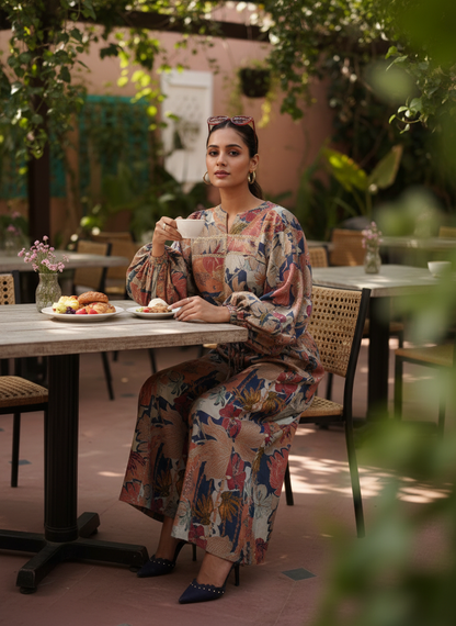 Anushree Blue Print Modal Chanderi Co-Ord Set with Tie-Up Blouson Top and Lace Accents