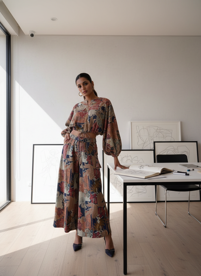 Anushree Blue Print Modal Chanderi Co-Ord Set with Tie-Up Blouson Top and Lace Accents