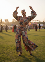 Anushree Blue Print Modal Chanderi Co-Ord Set with Tie-Up Blouson Top and Lace Accents