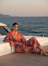 Anushree Pink Tropical Print Modal Chanderi Co-Ord Set with Tie-Up Blouson Top and Lace Accents
