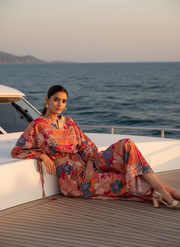 Anushree Pink Tropical Print Modal Chanderi Co-Ord Set with Tie-Up Blouson Top and Lace Accents