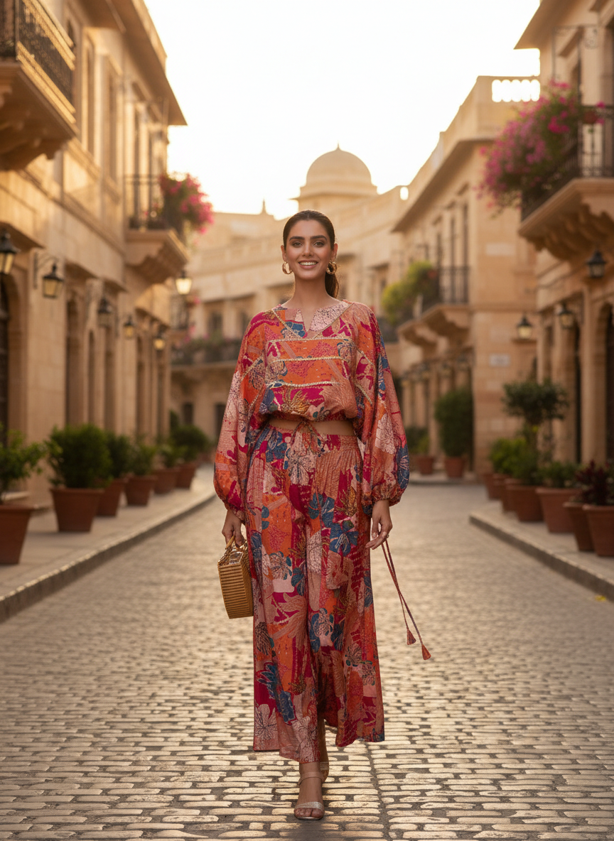 Anushree Pink Tropical Print Modal Chanderi Co-Ord Set with Tie-Up Blouson Top and Lace Accents