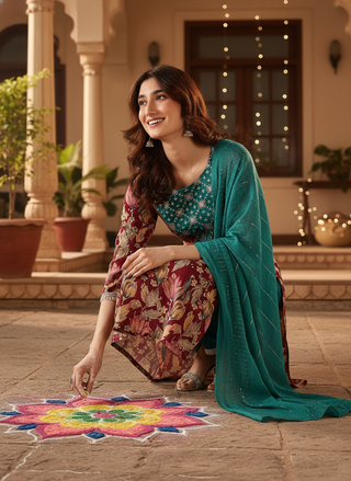 Areba Olive & Maroon Printed Salwar Suit with Intricate Zari Lattice Hand Embroidery Neck Panel in Viscose