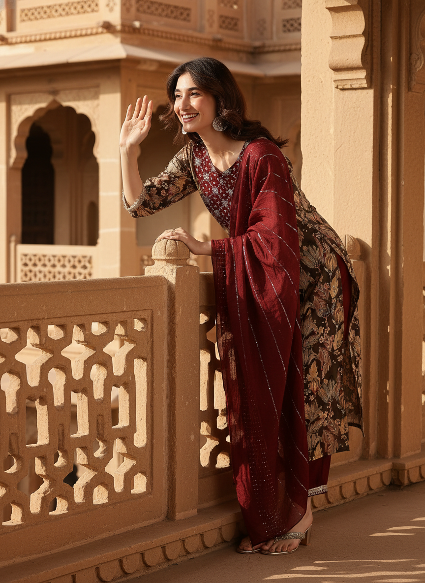 Areba Wine & Teal Printed Salwar Suit with Intricate Zari Lattice Hand Embroidery Neck Panel in Viscose
