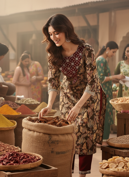 Areba Wine & Teal Printed Salwar Suit with Intricate Zari Lattice Hand Embroidery Neck Panel in Viscose