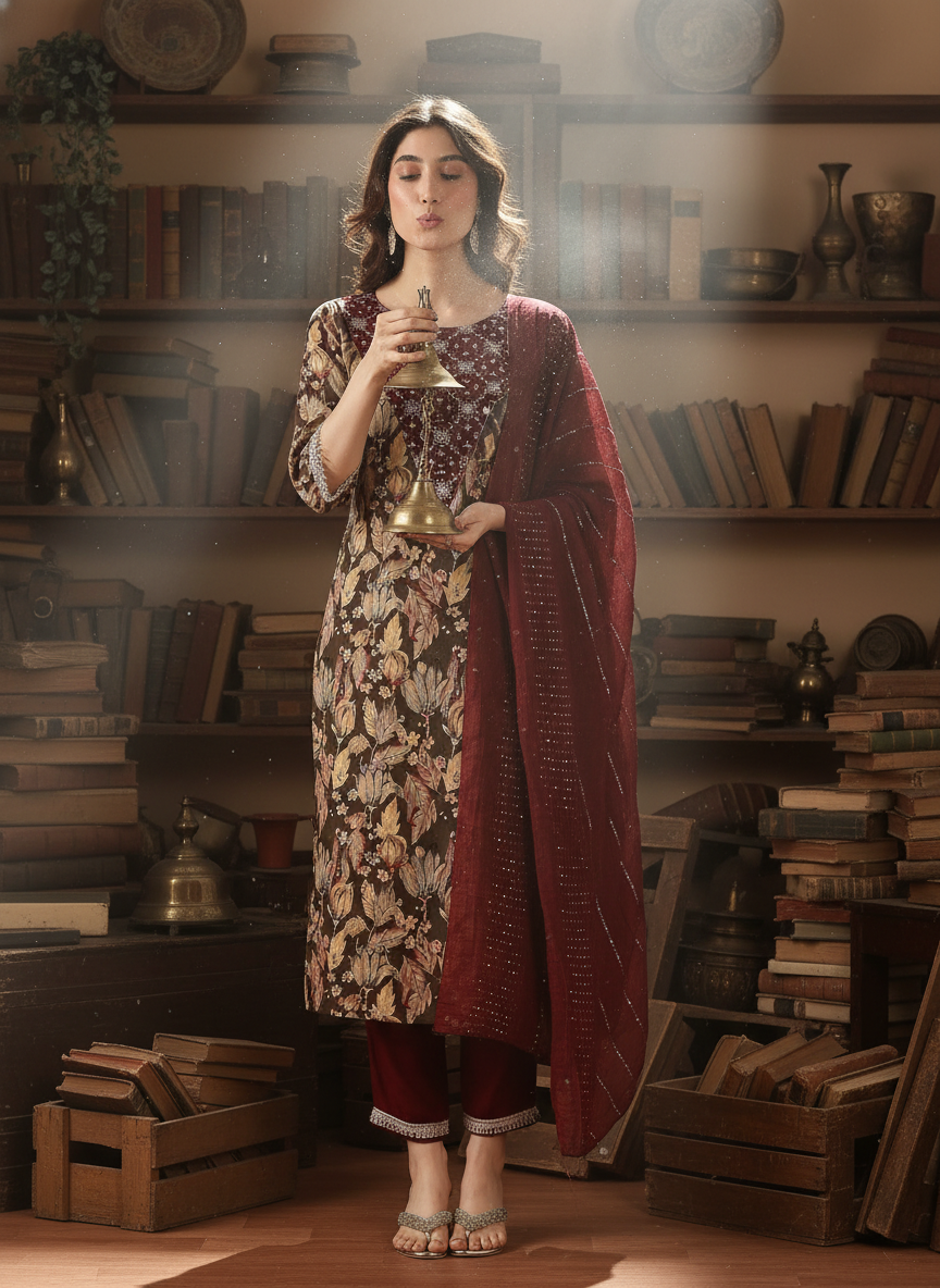 Areba Wine & Teal Printed Salwar Suit with Intricate Zari Lattice Hand Embroidery Neck Panel in Viscose