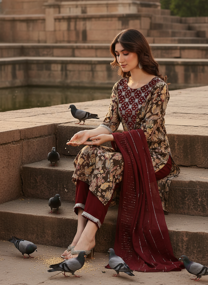 Areba Wine & Teal Printed Salwar Suit with Intricate Zari Lattice Hand Embroidery Neck Panel in Viscose