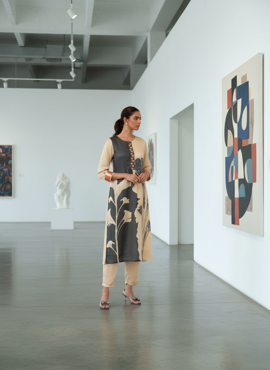 Arwa Black & Beige Panelled Floral Printed Kurta Set with Hand Embellished Bugle & Sequin Placket in Satin Silk with Cotton Mul Lining