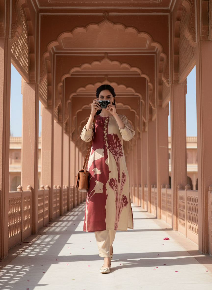 Arwa Brown & Beige Panelled Floral Printed Kurta Set with Hand Embellished Bugle & Sequin Placket in Satin Silk with Cotton Mul Lining