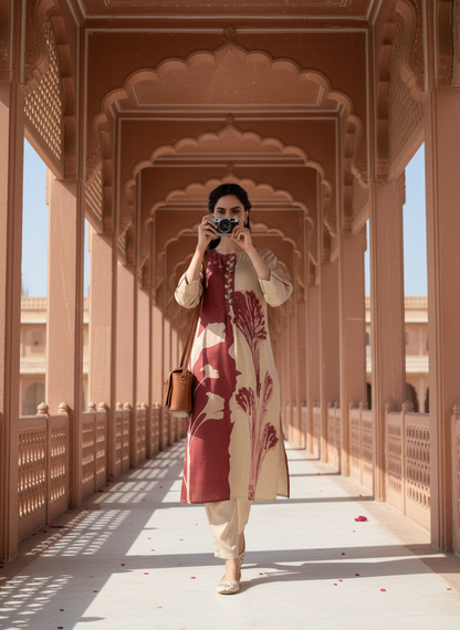 Arwa Brown & Beige Panelled Floral Printed Kurta Set with Hand Embellished Bugle & Sequin Placket in Satin Silk with Cotton Mul Lining