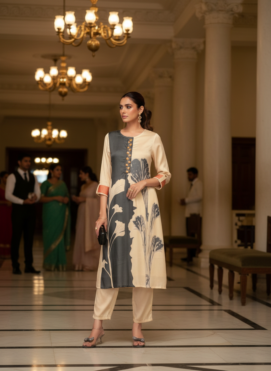 Arwa Black & Beige Panelled Floral Printed Kurta Set with Hand Embellished Bugle & Sequin Placket in Satin Silk with Cotton Mul Lining