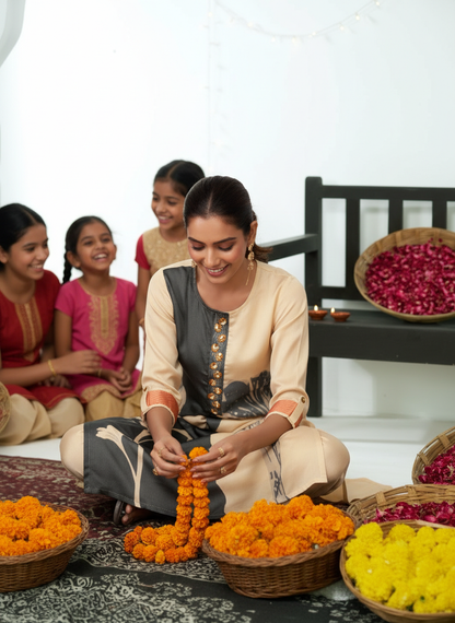 Arwa Black & Beige Panelled Floral Printed Kurta Set with Hand Embellished Bugle & Sequin Placket in Satin Silk with Cotton Mul Lining