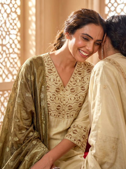 Ashima Beige Hand Zari and Dori Embroidered Suit Set with Bead Detailing in Pure Muslin with Pure Cotton Mul Lining