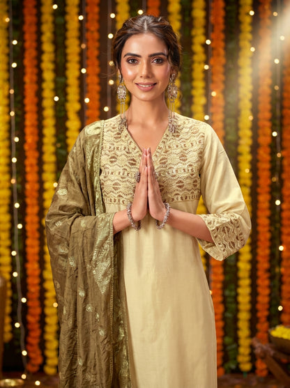 Ashima Beige Hand Zari and Dori Embroidered Suit Set with Bead Detailing in Pure Muslin with Pure Cotton Mul Lining