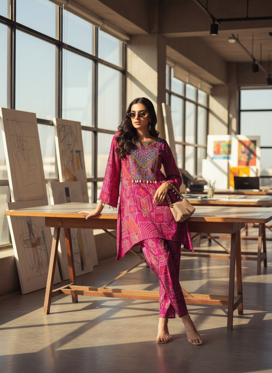 Ashka Fuchsia Modal Chanderi Ethnic Co-Ord Set with Hand Mirror Embroidery and Coin Shell Embellishment