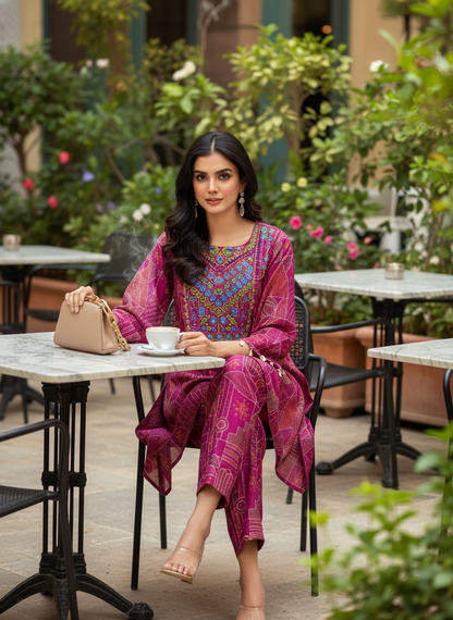 Ashka Fuchsia Modal Chanderi Ethnic Co-Ord Set with Hand Mirror Embroidery and Coin Shell Embellishment