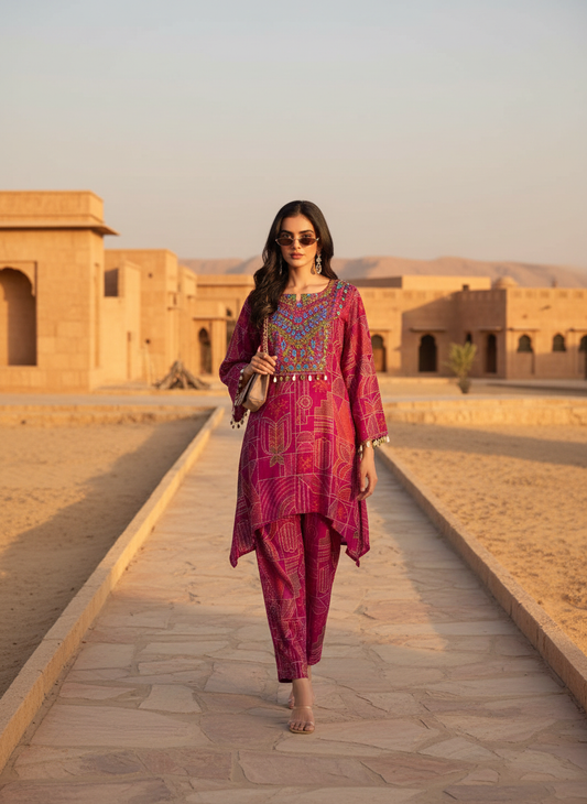 Ashka Fuchsia Modal Chanderi Ethnic Co-Ord Set with Hand Mirror Embroidery and Coin Shell Embellishment