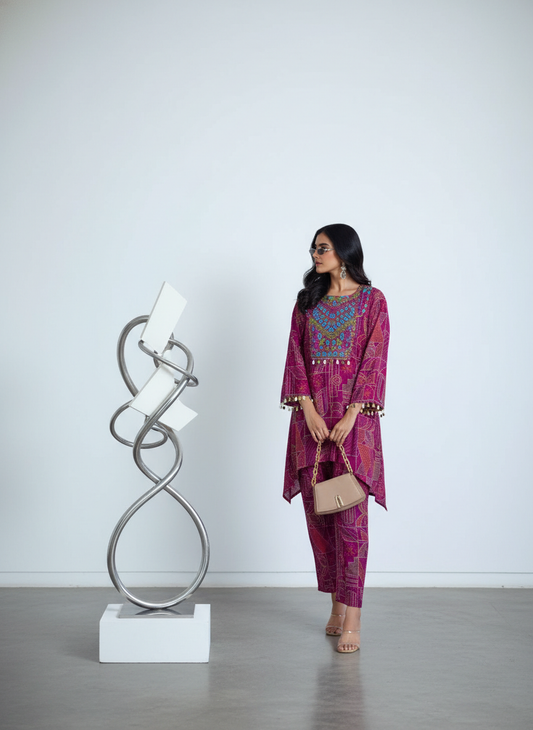 Ashka Fuchsia Modal Chanderi Ethnic Co-Ord Set with Hand Mirror Embroidery and Coin Shell Embellishment