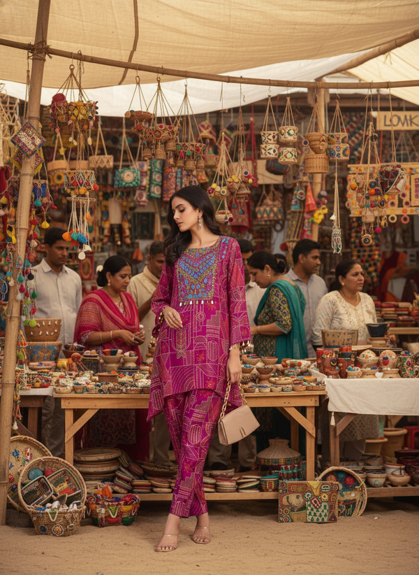 Ashka Fuchsia Modal Chanderi Ethnic Co-Ord Set with Hand Mirror Embroidery and Coin Shell Embellishment