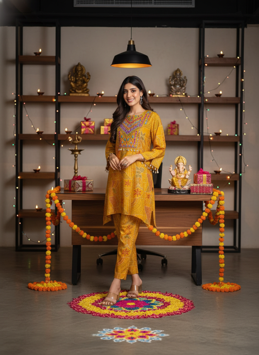 Ashka Mustard Modal Chanderi Ethnic Co-Ord Set with Hand Mirror Embroidery and Coin Shell Embellishment