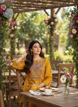 Ashka Mustard Modal Chanderi Ethnic Co-Ord Set with Hand Mirror Embroidery and Coin Shell Embellishment