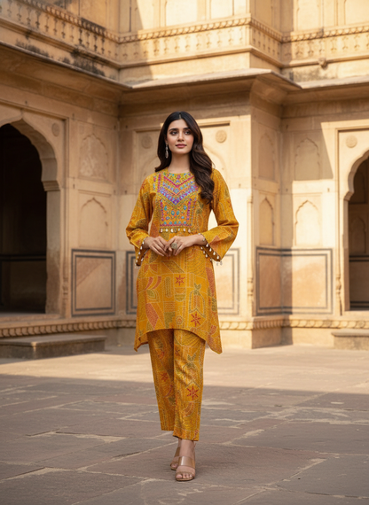 Ashka Mustard Modal Chanderi Ethnic Co-Ord Set with Hand Mirror Embroidery and Coin Shell Embellishment