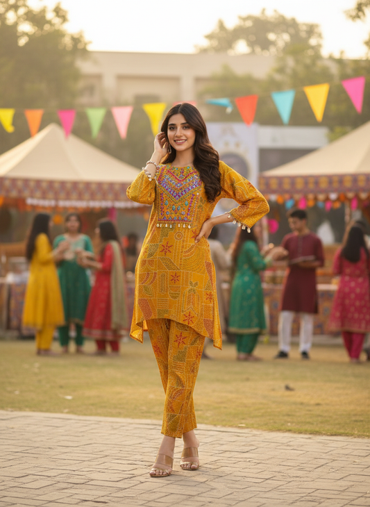 Ashka Mustard Modal Chanderi Ethnic Co-Ord Set with Hand Mirror Embroidery and Coin Shell Embellishment