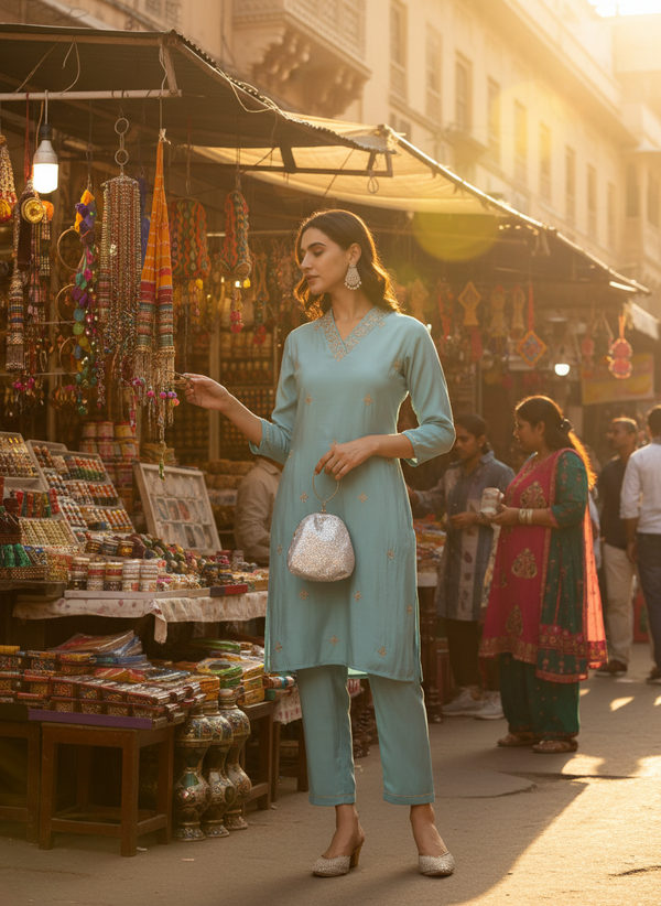 Sky Blue Chanderi Silk Kurta Set with Zari Embroidered Neckline, Sequin Detailing and Cotton Mul Lining