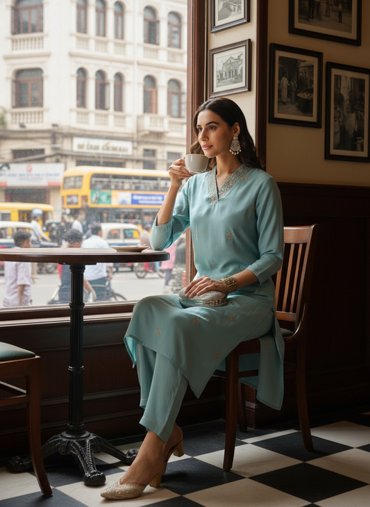 Sky Blue Chanderi Silk Kurta Set with Zari Embroidered Neckline, Sequin Detailing and Cotton Mul Lining