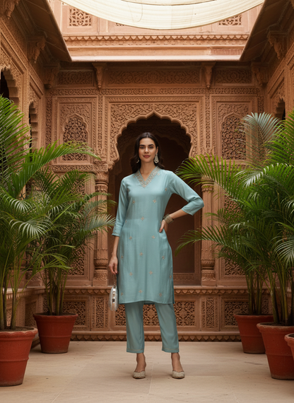 Sky Blue Chanderi Silk Kurta Set with Zari Embroidered Neckline, Sequin Detailing and Cotton Mul Lining